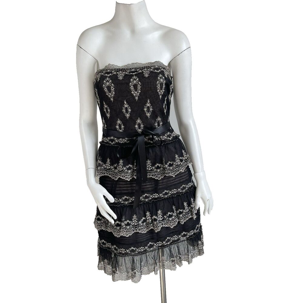 BCBG Maxazria 2 Tiered Lace Tulle Strappless Dress Ribbon Belt Black Formal Prom